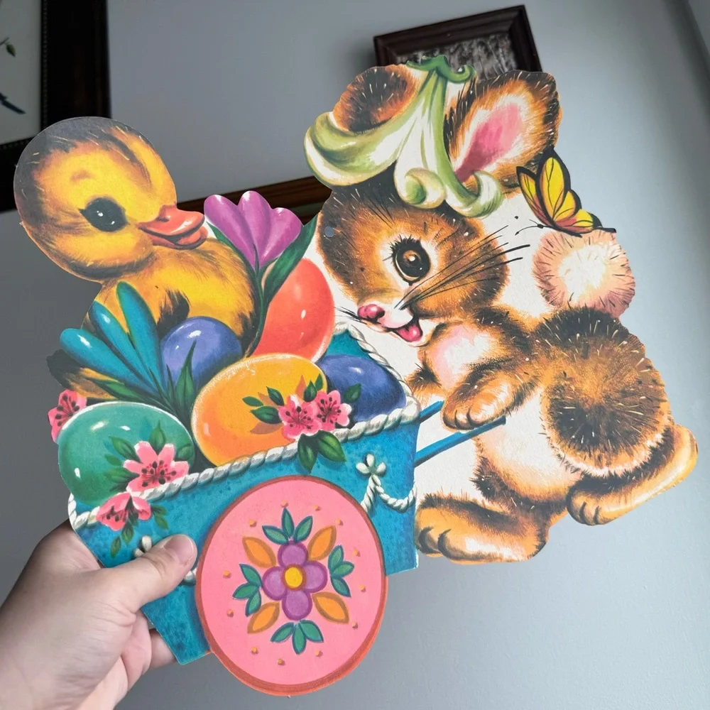 Vintage Easter Bunny Chick Egg Basket Die Cut USA Made Holiday Wall Ephemera - Picture 10 of 15